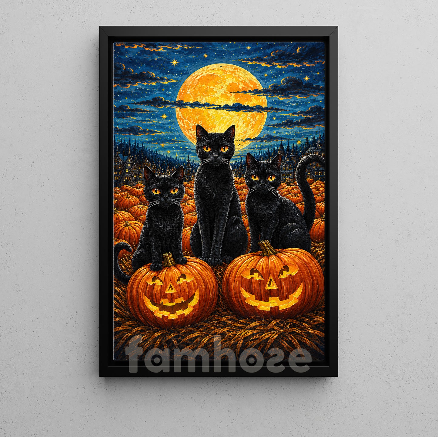 Halloween Black Cat Canvas Painting, Black Cats Pumpkin Patch Wall Art Decor, Spooky Season Poster Gift For Cat Lover