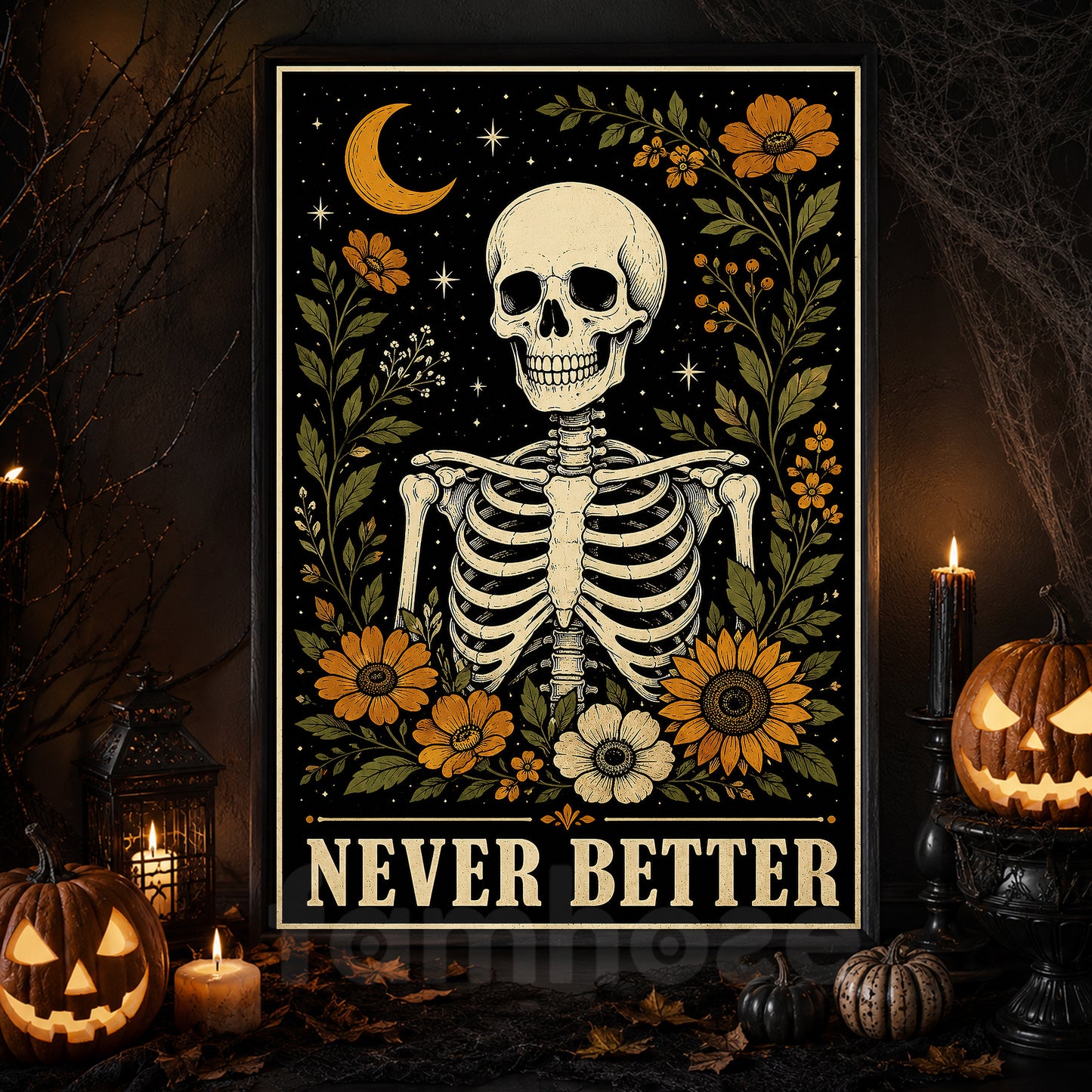 Funny Halloween Gothic Floral Skeleton Canvas Painting, Never Better Wall Art Decor, Spooky Season Poster Gift For Skeleton Lover