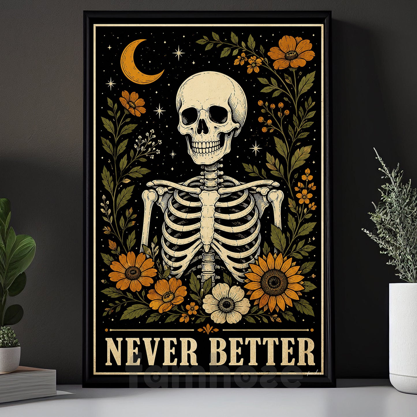 Funny Halloween Gothic Floral Skeleton Canvas Painting, Never Better Wall Art Decor, Spooky Season Poster Gift For Skeleton Lover