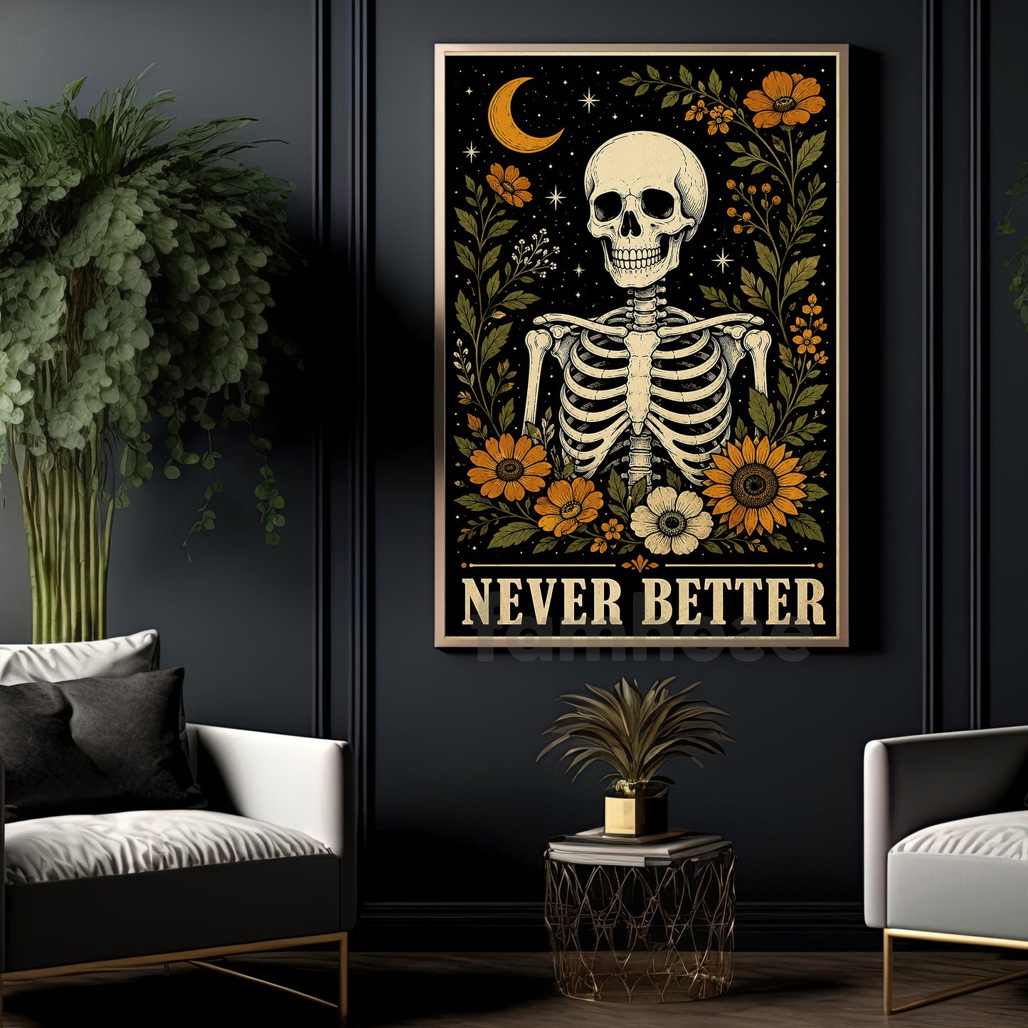 Funny Halloween Gothic Floral Skeleton Canvas Painting, Never Better Wall Art Decor, Spooky Season Poster Gift For Skeleton Lover