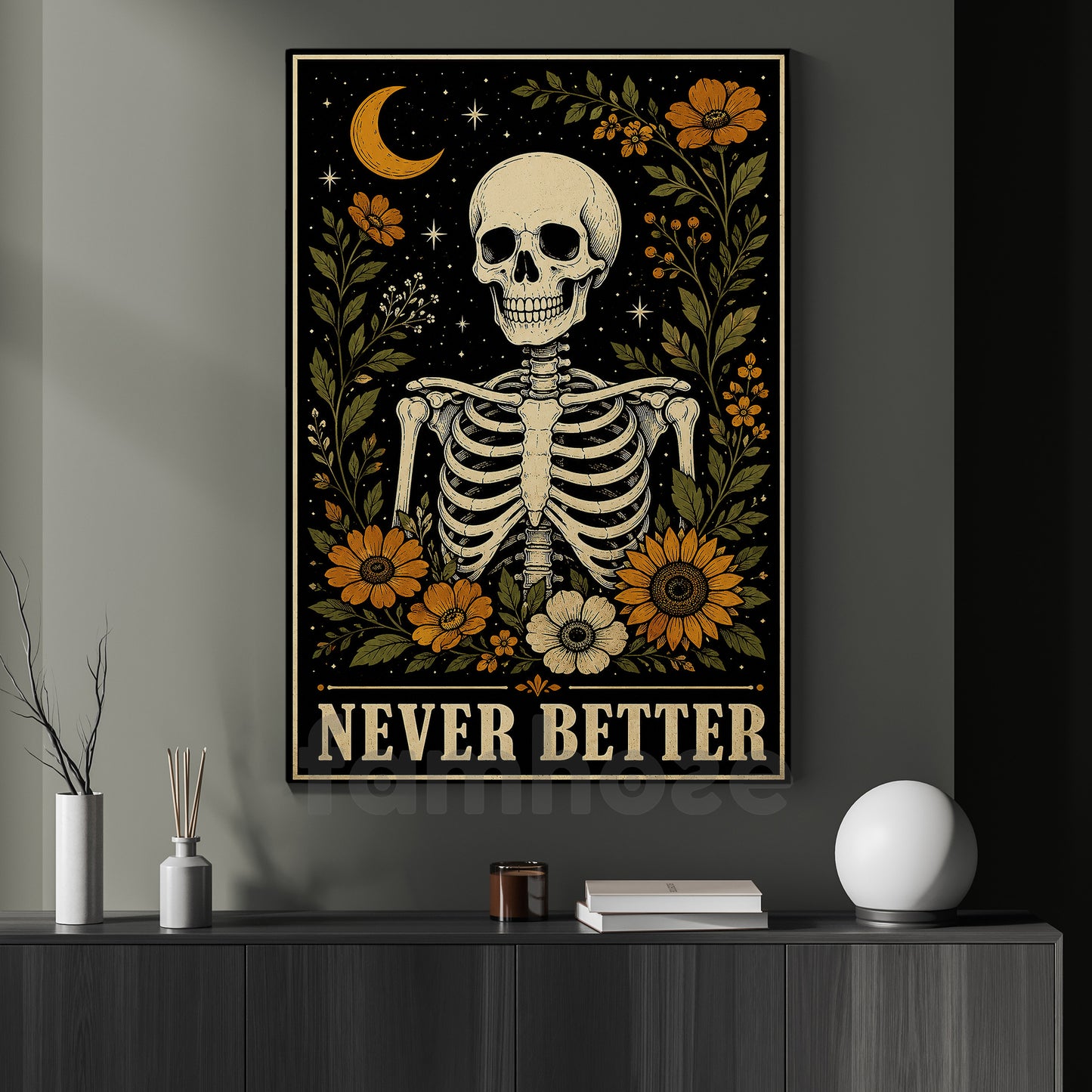 Funny Halloween Gothic Floral Skeleton Canvas Painting, Never Better Wall Art Decor, Spooky Season Poster Gift For Skeleton Lover