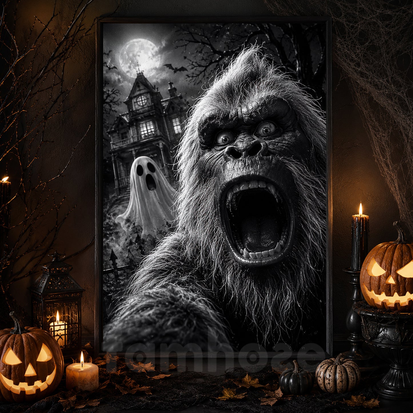 Funny Halloween Sasquatch Haunted House Canvas Painting, Bigfoot Ghost Selfie Spooky Season Wall Art Decor, Halloween Poster Gift For Bigfoot Lover