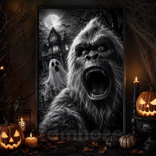 Funny Halloween Sasquatch Haunted House Canvas Painting, Bigfoot Ghost Selfie Spooky Season Wall Art Decor, Halloween Poster Gift For Bigfoot Lover