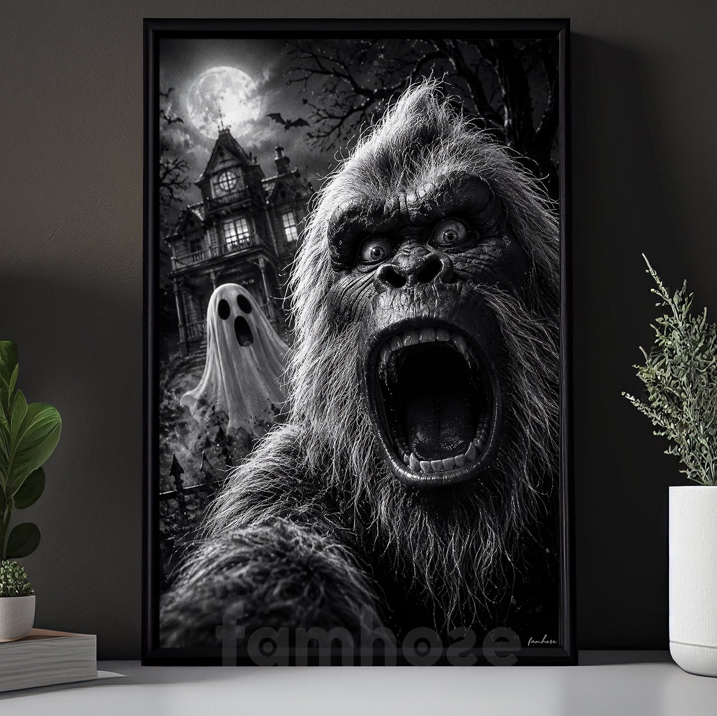Funny Halloween Sasquatch Haunted House Canvas Painting, Bigfoot Ghost Selfie Spooky Season Wall Art Decor, Halloween Poster Gift For Bigfoot Lover