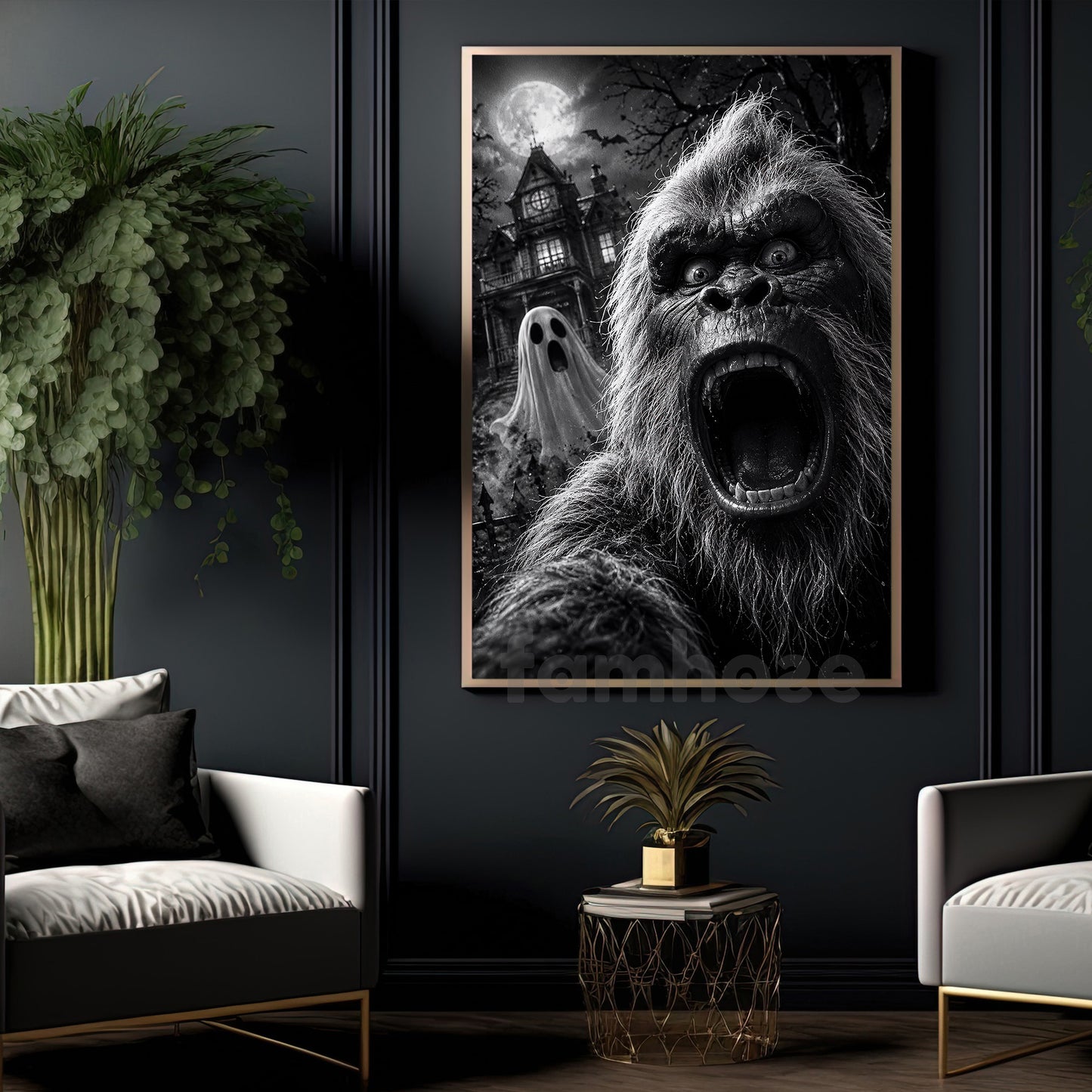 Funny Halloween Sasquatch Haunted House Canvas Painting, Bigfoot Ghost Selfie Spooky Season Wall Art Decor, Halloween Poster Gift For Bigfoot Lover