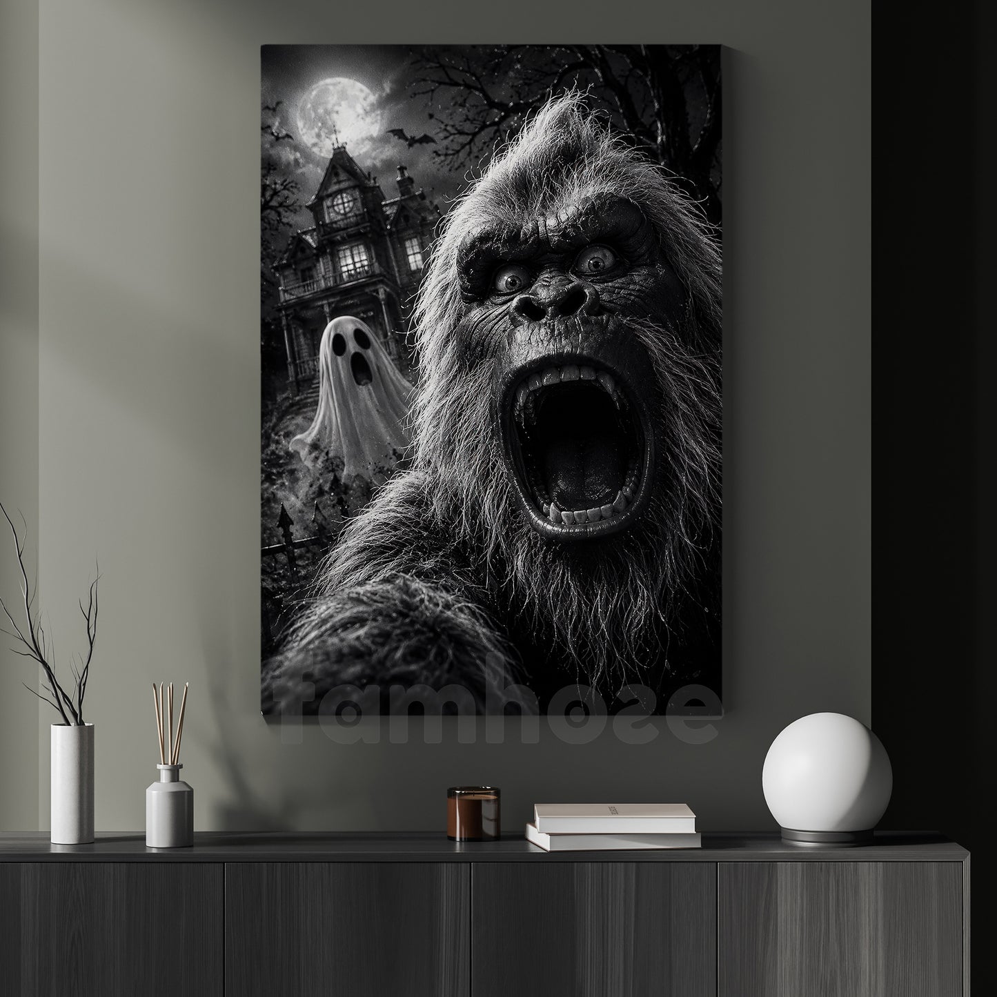 Funny Halloween Sasquatch Haunted House Canvas Painting, Bigfoot Ghost Selfie Spooky Season Wall Art Decor, Halloween Poster Gift For Bigfoot Lover