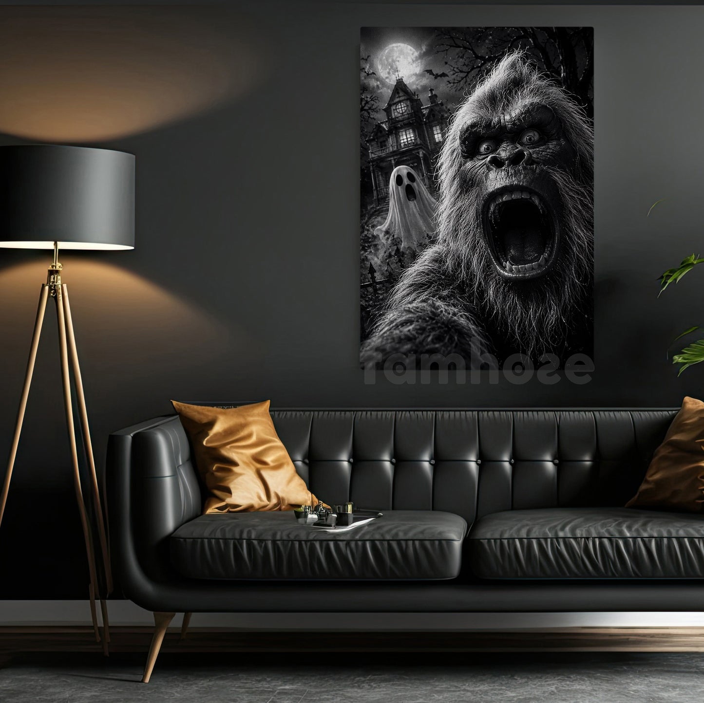 Funny Halloween Sasquatch Haunted House Canvas Painting, Bigfoot Ghost Selfie Spooky Season Wall Art Decor, Halloween Poster Gift For Bigfoot Lover