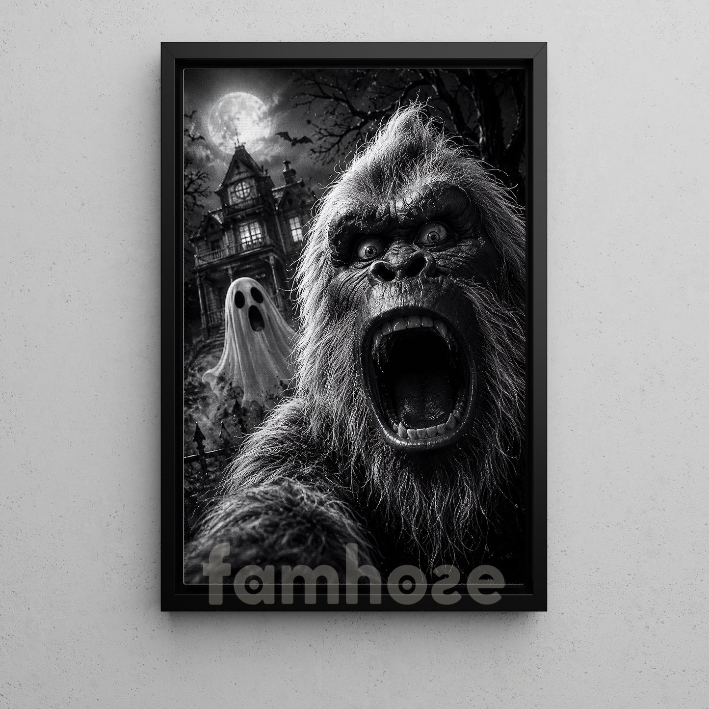 Funny Halloween Sasquatch Haunted House Canvas Painting, Bigfoot Ghost Selfie Spooky Season Wall Art Decor, Halloween Poster Gift For Bigfoot Lover