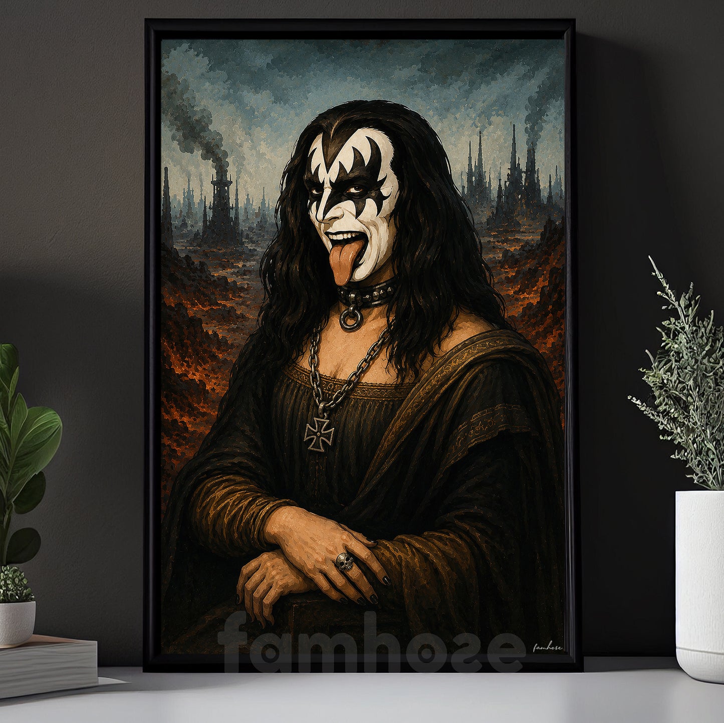 Halloween Rock Legend Parody Canvas Painting, Gene Simmons Mona Lisa Spooky Season Wall Art Decor, Heavy Metal Gothic Home Decor Poster Gift