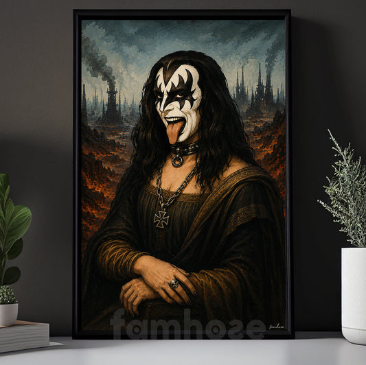 Halloween Rock Legend Parody Canvas Painting, Gene Simmons Mona Lisa Spooky Season Wall Art Decor, Heavy Metal Gothic Home Decor Poster Gift