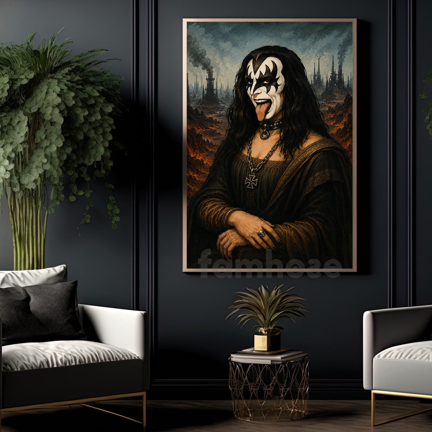 Halloween Rock Legend Parody Canvas Painting, Gene Simmons Mona Lisa Spooky Season Wall Art Decor, Heavy Metal Gothic Home Decor Poster Gift