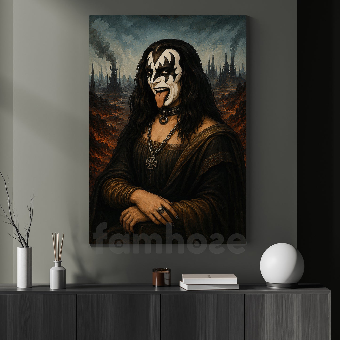 Halloween Rock Legend Parody Canvas Painting, Gene Simmons Mona Lisa Spooky Season Wall Art Decor, Heavy Metal Gothic Home Decor Poster Gift