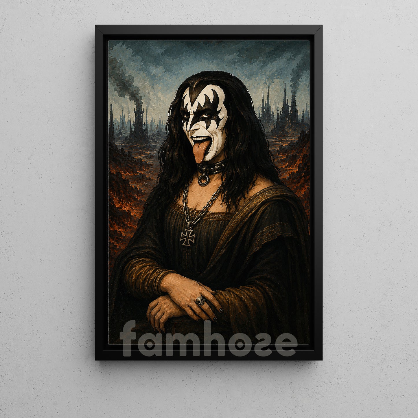 Halloween Rock Legend Parody Canvas Painting, Gene Simmons Mona Lisa Spooky Season Wall Art Decor, Heavy Metal Gothic Home Decor Poster Gift