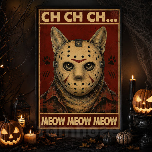 Funny Halloween Horror Cat Canvas Painting, Hockey Mask Cat Spooky Season Wall Art Decor, Vintage Slasher Movie Parody Poster Gift For Cat Lover