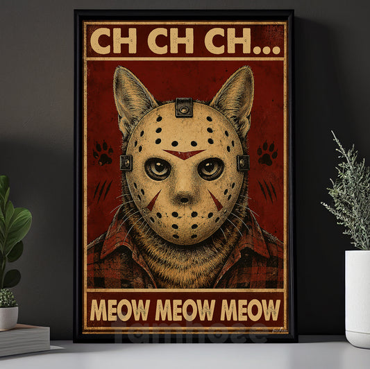 Funny Halloween Horror Cat Canvas Painting, Hockey Mask Cat Spooky Season Wall Art Decor, Vintage Slasher Movie Parody Poster Gift For Cat Lover