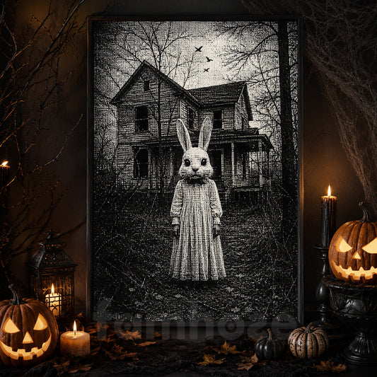 Halloween Horror Bunny Canvas Painting, Creepy Rabbit Mask Spooky Season Wall Art Decor, Gothic Halloween Poster Gift