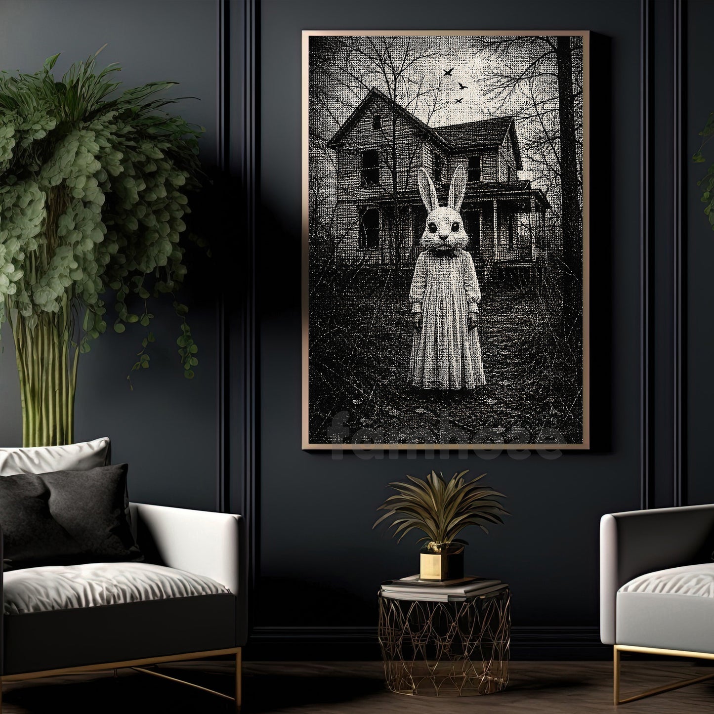 Halloween Horror Bunny Canvas Painting, Creepy Rabbit Mask Spooky Season Wall Art Decor, Gothic Halloween Poster Gift