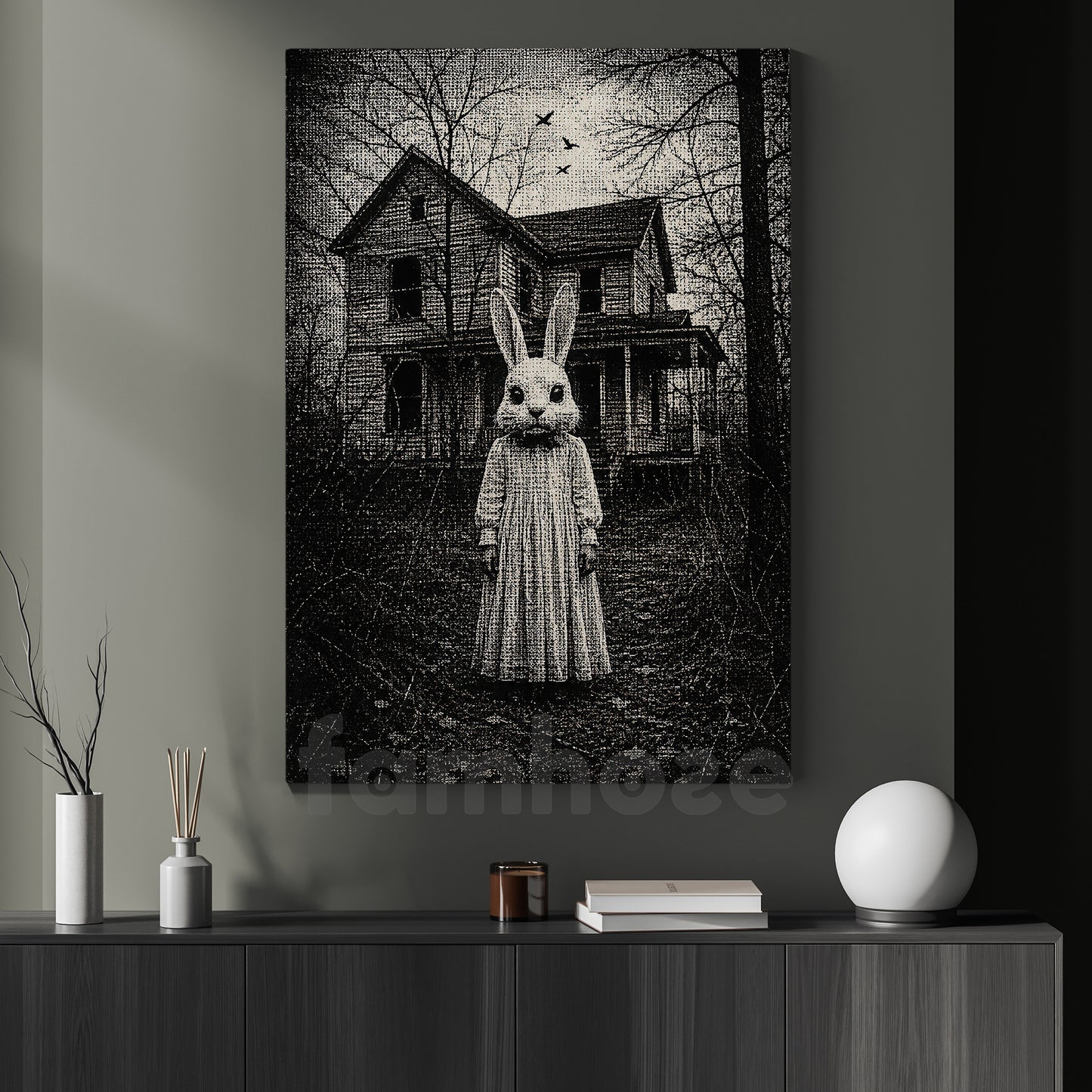 Halloween Horror Bunny Canvas Painting, Creepy Rabbit Mask Spooky Season Wall Art Decor, Gothic Halloween Poster Gift