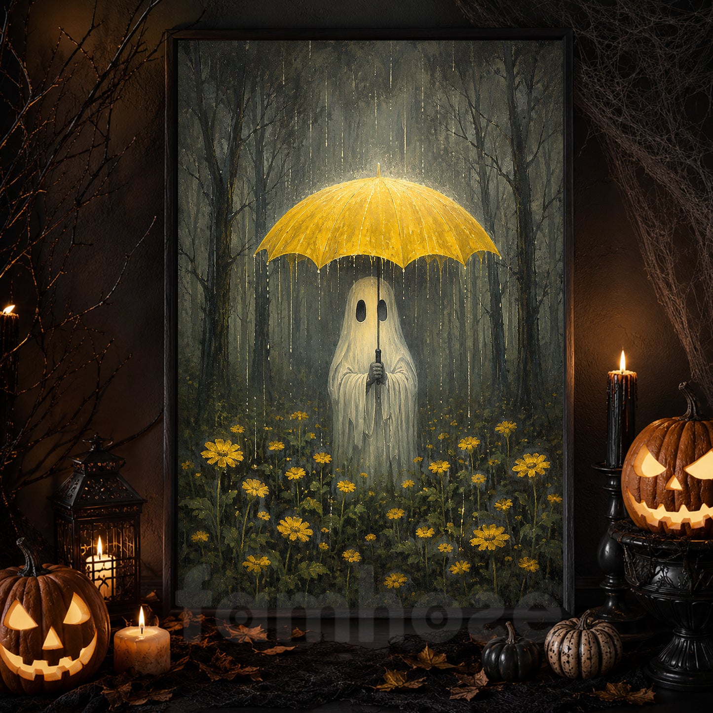 Halloween Rainy Forest Ghost Canvas Painting, Ghost With Yellow Umbrella Spooky Season Wall Art Decor, Halloween Poster Gift For Ghost Lover
