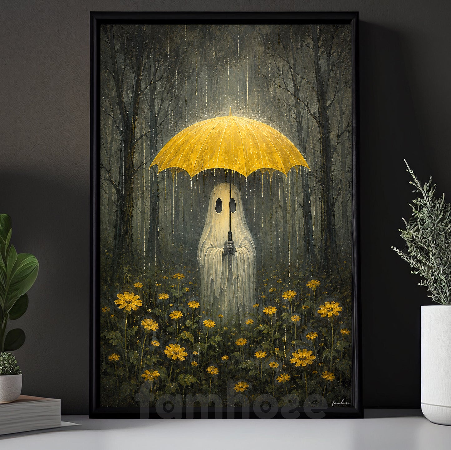 Halloween Rainy Forest Ghost Canvas Painting, Ghost With Yellow Umbrella Spooky Season Wall Art Decor, Halloween Poster Gift For Ghost Lover