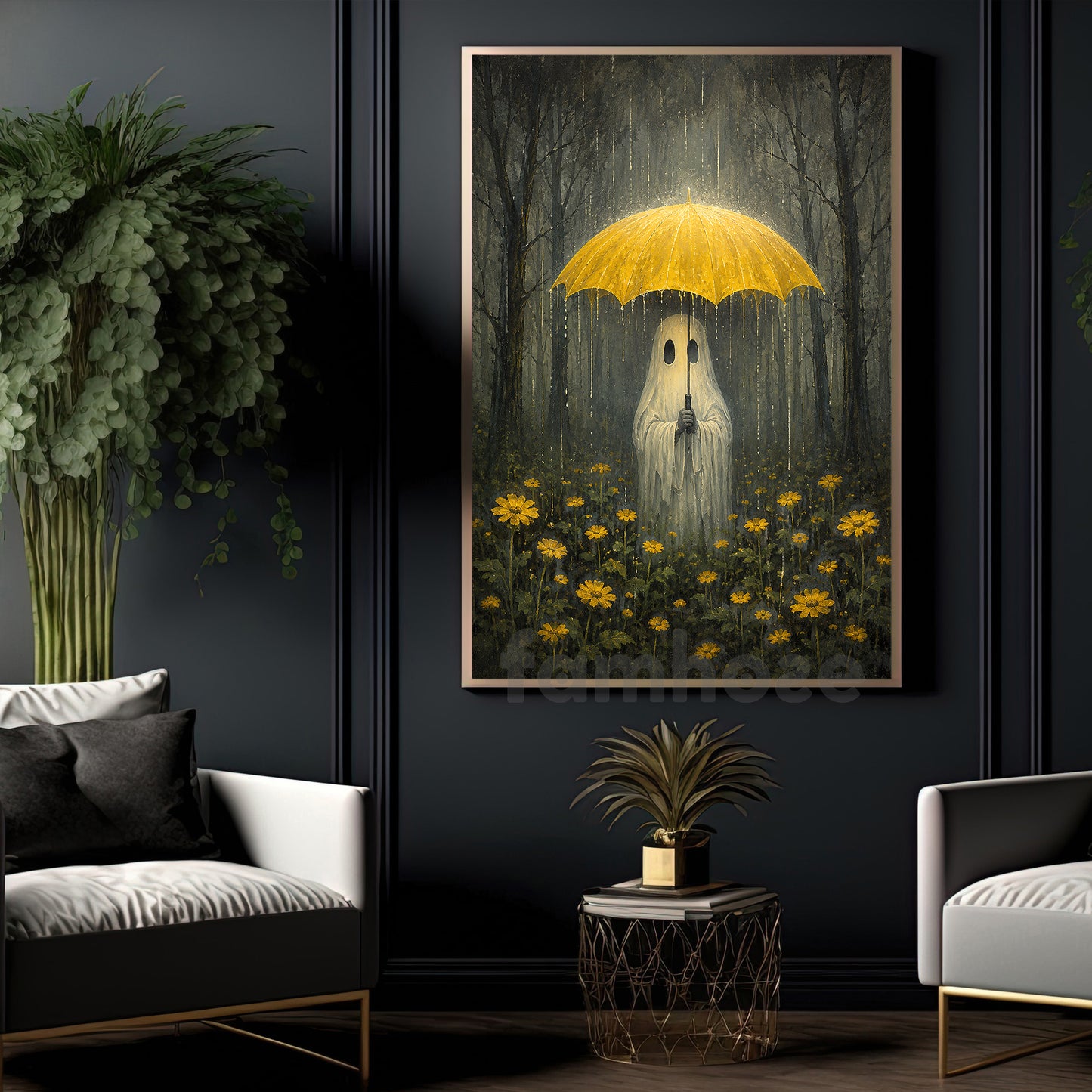Halloween Rainy Forest Ghost Canvas Painting, Ghost With Yellow Umbrella Spooky Season Wall Art Decor, Halloween Poster Gift For Ghost Lover