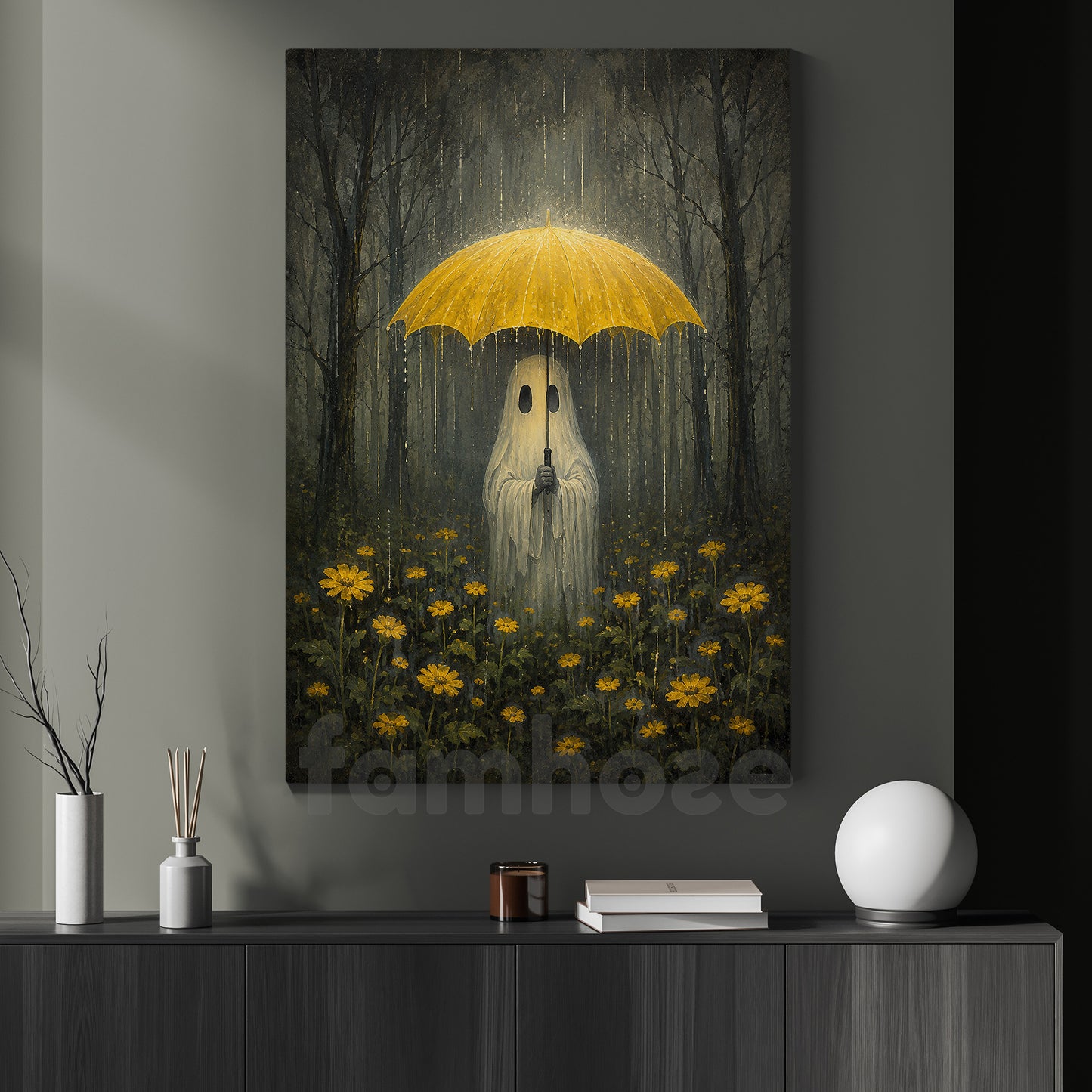 Halloween Rainy Forest Ghost Canvas Painting, Ghost With Yellow Umbrella Spooky Season Wall Art Decor, Halloween Poster Gift For Ghost Lover