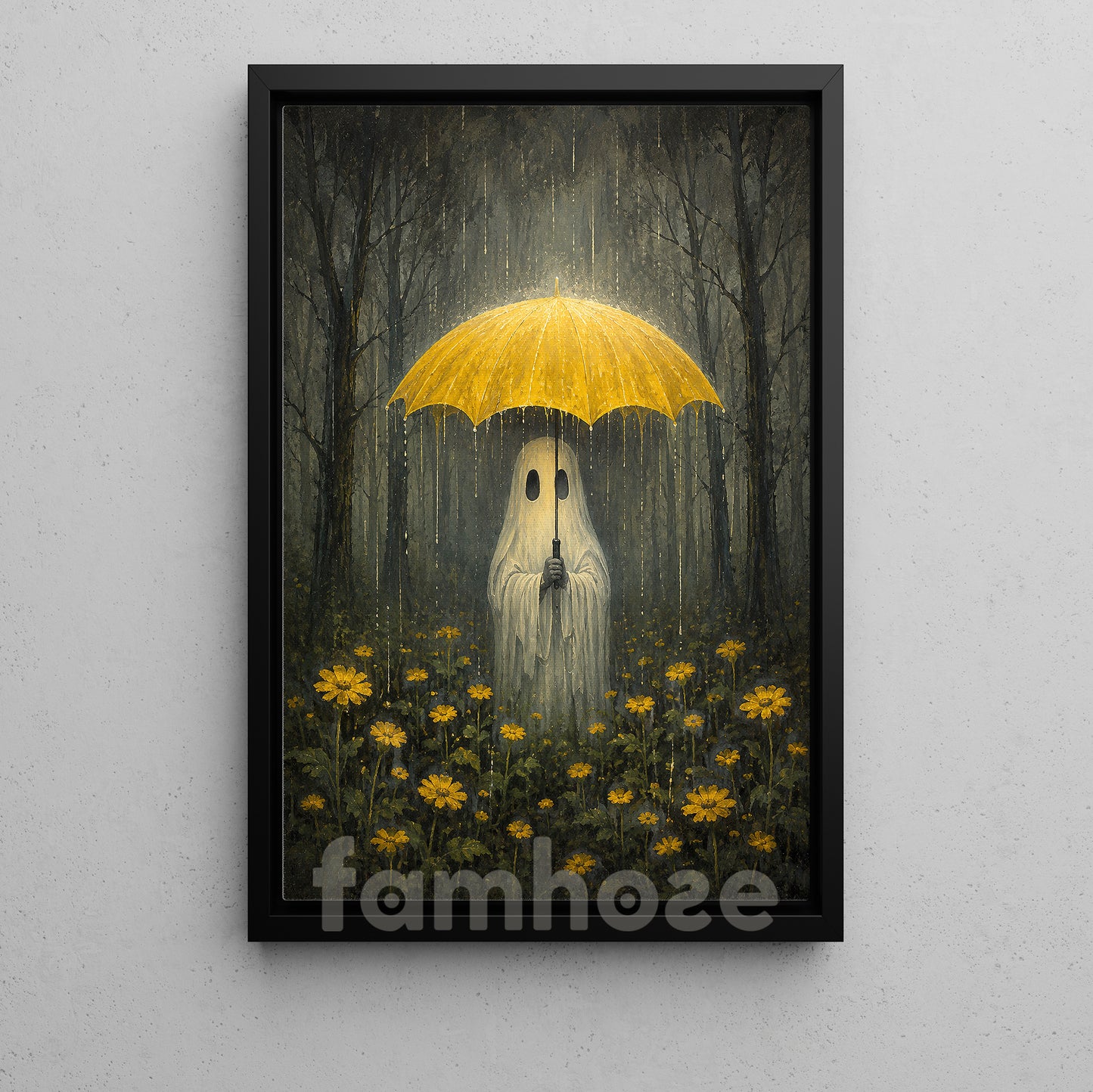 Halloween Rainy Forest Ghost Canvas Painting, Ghost With Yellow Umbrella Spooky Season Wall Art Decor, Halloween Poster Gift For Ghost Lover