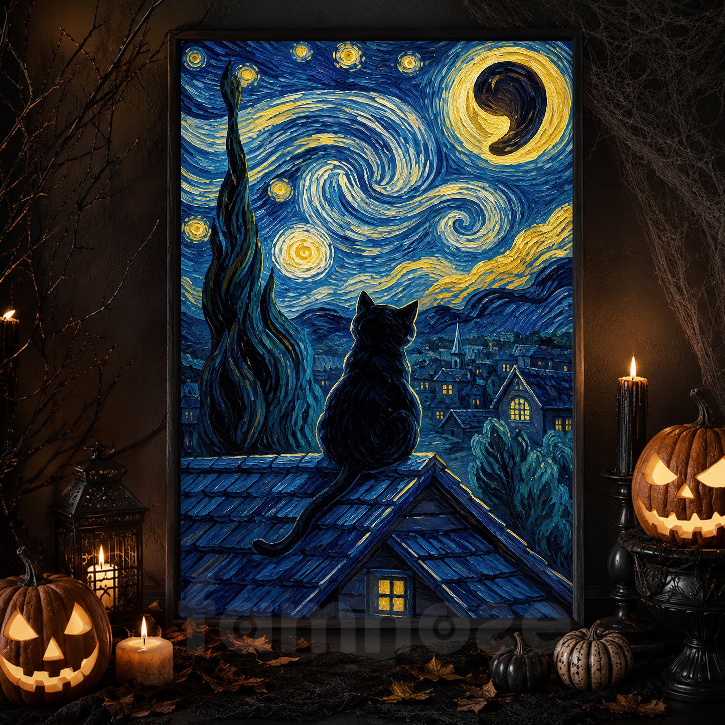 Halloween Black Cat Canvas Painting, Starry Night Moonlit Kitten Wall Art Decor, Spooky Season Poster Gift For Cat Lover