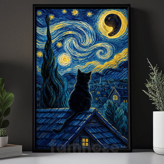 Halloween Black Cat Canvas Painting, Starry Night Moonlit Kitten Wall Art Decor, Spooky Season Poster Gift For Cat Lover