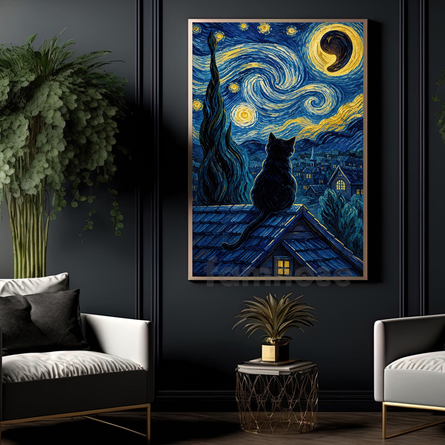 Halloween Black Cat Canvas Painting, Starry Night Moonlit Kitten Wall Art Decor, Spooky Season Poster Gift For Cat Lover