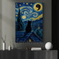 Halloween Black Cat Canvas Painting, Starry Night Moonlit Kitten Wall Art Decor, Spooky Season Poster Gift For Cat Lover