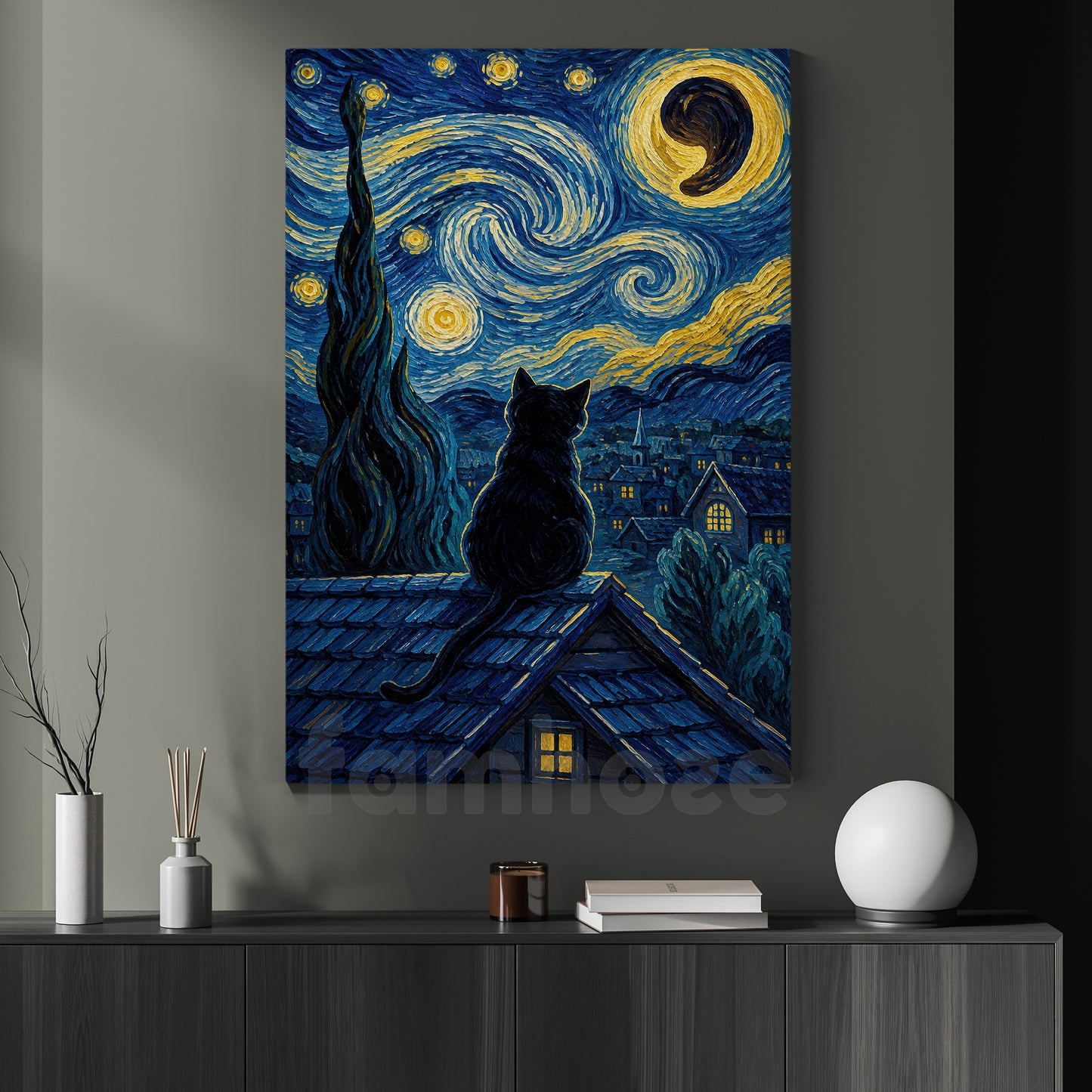 Halloween Black Cat Canvas Painting, Starry Night Moonlit Kitten Wall Art Decor, Spooky Season Poster Gift For Cat Lover