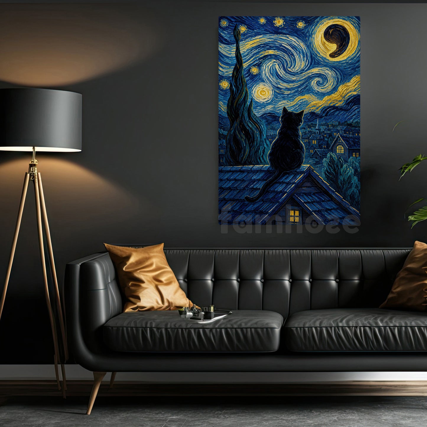 Halloween Black Cat Canvas Painting, Starry Night Moonlit Kitten Wall Art Decor, Spooky Season Poster Gift For Cat Lover