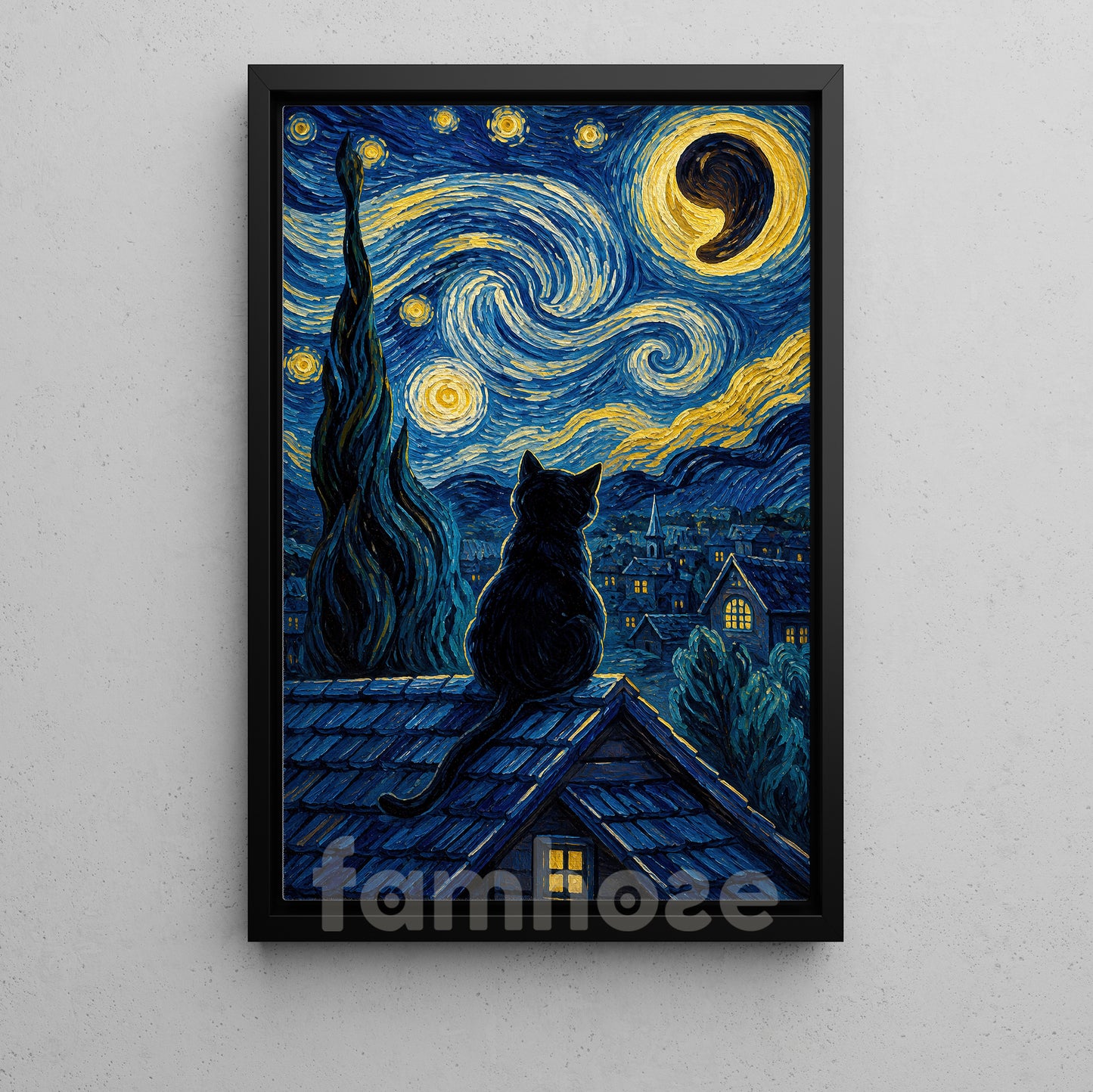 Halloween Black Cat Canvas Painting, Starry Night Moonlit Kitten Wall Art Decor, Spooky Season Poster Gift For Cat Lover