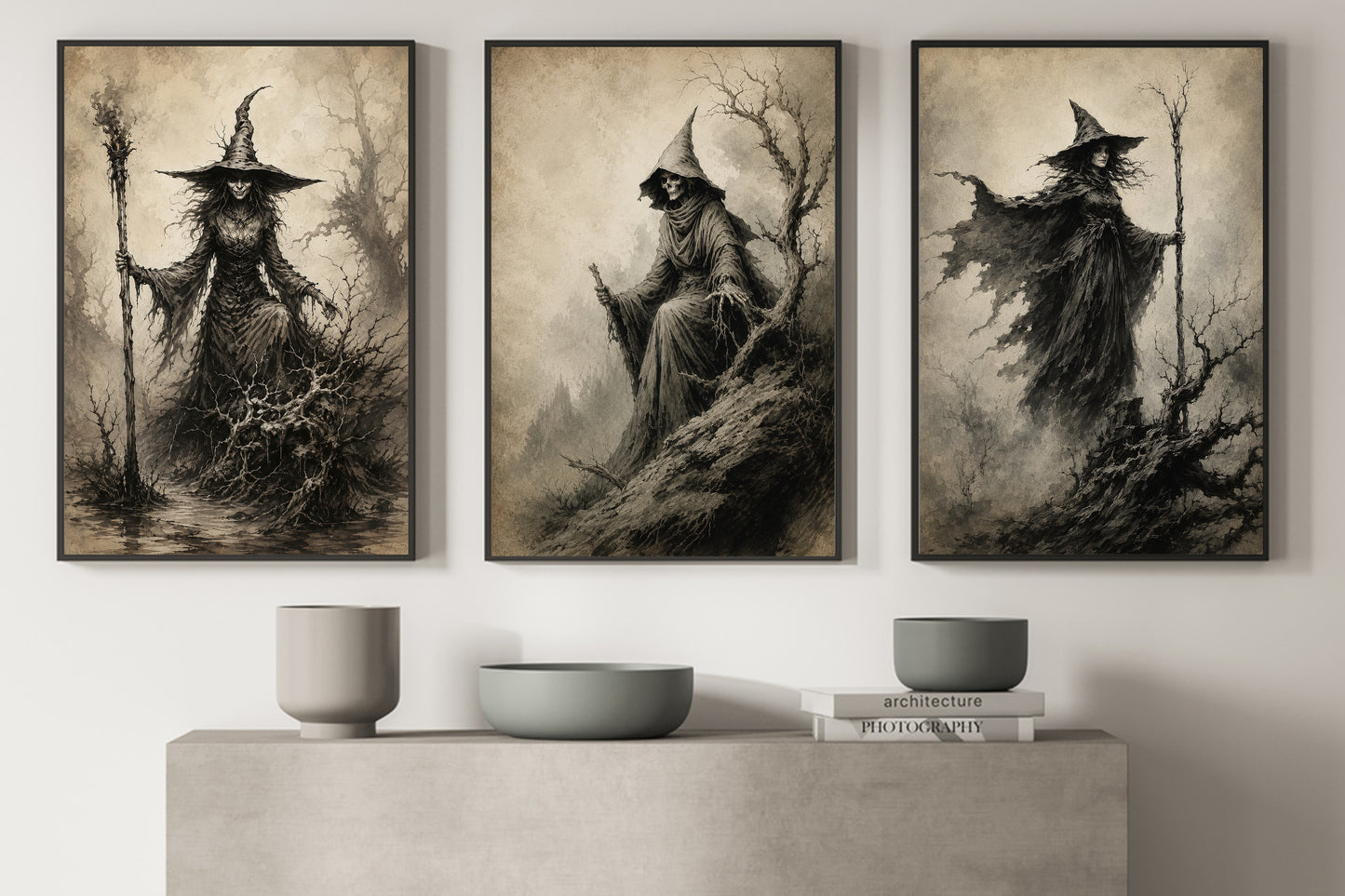 Set Of 3 Halloween Gothic Witch Canvas Painting, Dark Witch Trio Wall Art Decor, Spooky Season Poster Gift For Witch Lover