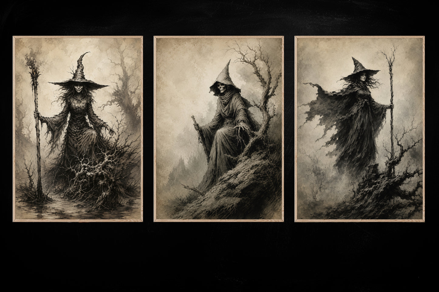 Set Of 3 Halloween Gothic Witch Canvas Painting, Dark Witch Trio Wall Art Decor, Spooky Season Poster Gift For Witch Lover