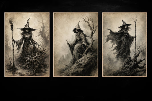 Set Of 3 Halloween Gothic Witch Canvas Painting, Dark Witch Trio Wall Art Decor, Spooky Season Poster Gift For Witch Lover