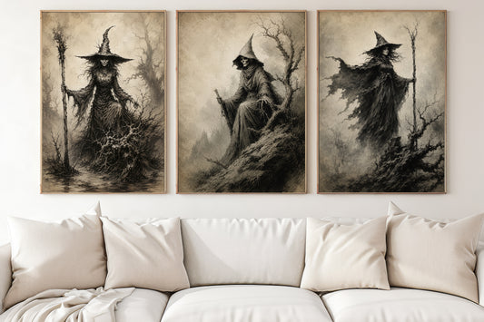 Set Of 3 Halloween Gothic Witch Canvas Painting, Dark Witch Trio Wall Art Decor, Spooky Season Poster Gift For Witch Lover