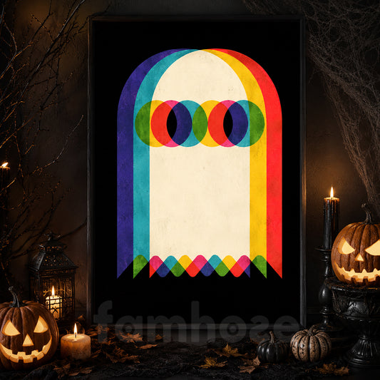 Halloween Retro Ghost Canvas Painting, Technicolor Boo Wall Art Decor, Spooky Season Poster Gift For Ghost Lover