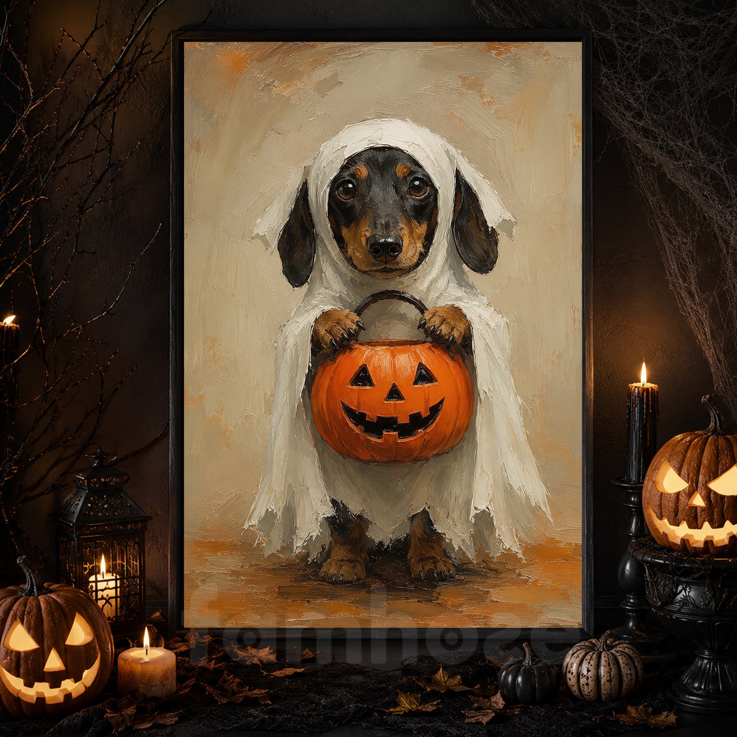 Halloween Dachshund Dog Ghost Canvas Painting, Pumpkin Trick Or Treat Wall Art Decor, Spooky Season Poster Gift For Dog Lover