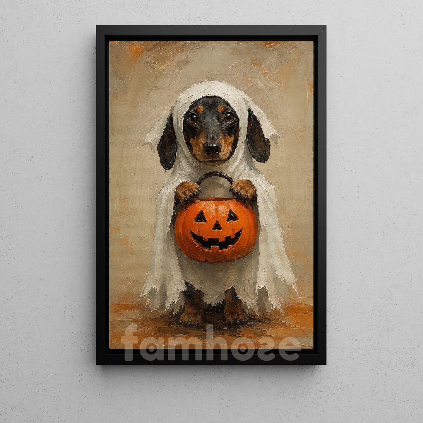 Halloween Dachshund Dog Ghost Canvas Painting, Pumpkin Trick Or Treat Wall Art Decor, Spooky Season Poster Gift For Dog Lover
