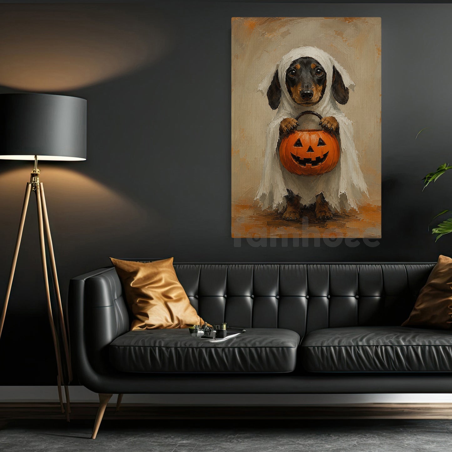 Halloween Dachshund Dog Ghost Canvas Painting, Pumpkin Trick Or Treat Wall Art Decor, Spooky Season Poster Gift For Dog Lover