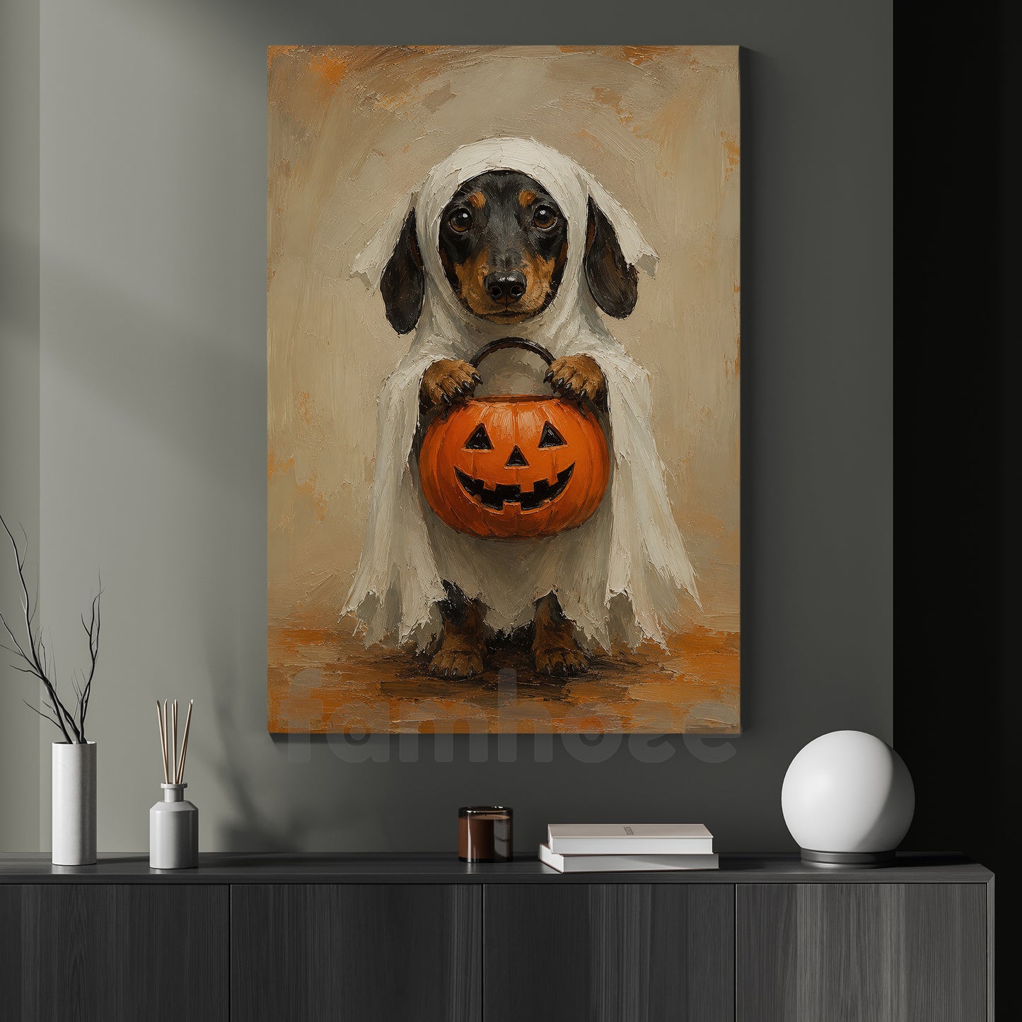 Halloween Dachshund Dog Ghost Canvas Painting, Pumpkin Trick Or Treat Wall Art Decor, Spooky Season Poster Gift For Dog Lover
