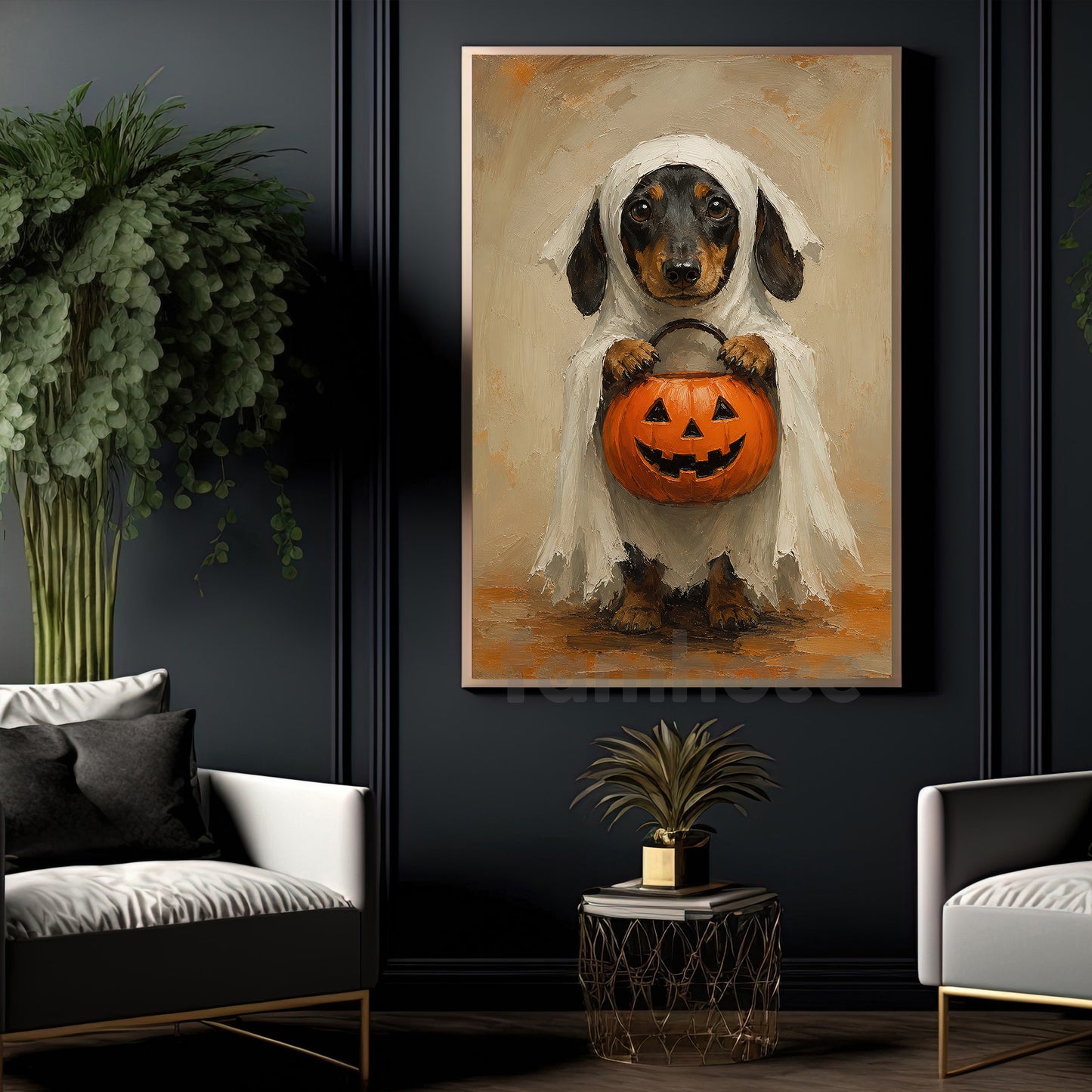 Halloween Dachshund Dog Ghost Canvas Painting, Pumpkin Trick Or Treat Wall Art Decor, Spooky Season Poster Gift For Dog Lover