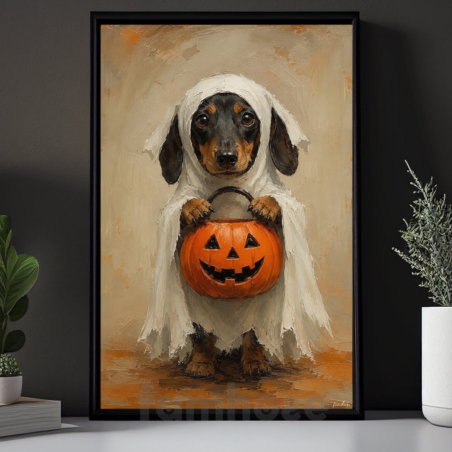 Halloween Dachshund Dog Ghost Canvas Painting, Pumpkin Trick Or Treat Wall Art Decor, Spooky Season Poster Gift For Dog Lover