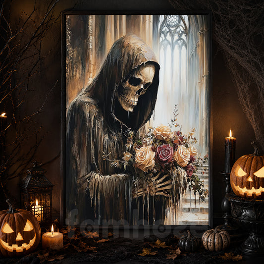 Vintage Halloween Gothic Skeleton Canvas Painting, Grim Reaper Flowers Wall Art Decor, Spooky Season Poster Gift For Skeleton Lover