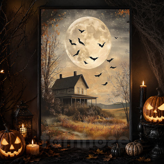 Vintage Halloween Canvas Painting, Haunted Farmhouse Under Full Moon Wall Art Decor, Spooky Season Poster Gift
