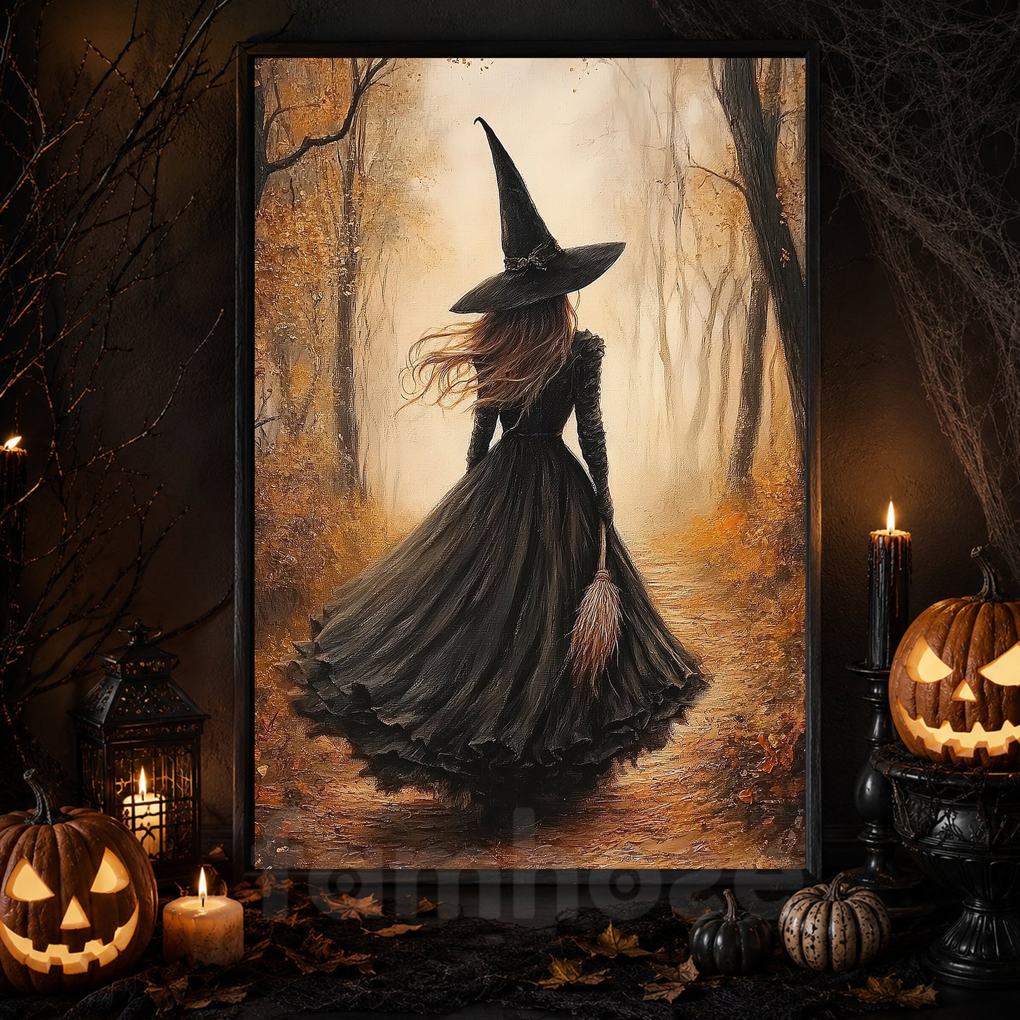 Halloween Witch Canvas Painting, Witch Walking Through Autumn Forest Wall Art Decor, Spooky Season Poster Gift For Witch Lover