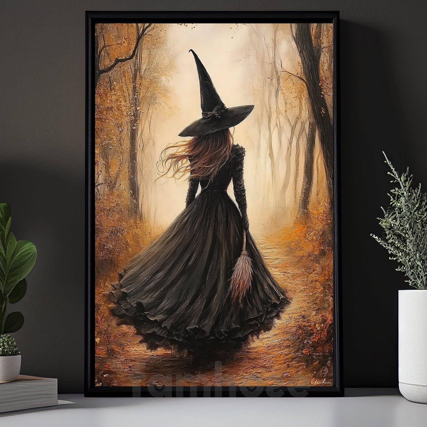 Halloween Witch Canvas Painting, Witch Walking Through Autumn Forest Wall Art Decor, Spooky Season Poster Gift For Witch Lover