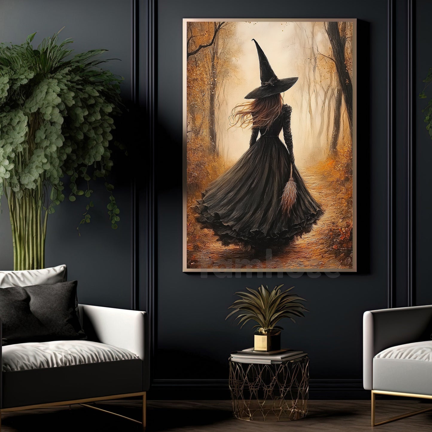 Halloween Witch Canvas Painting, Witch Walking Through Autumn Forest Wall Art Decor, Spooky Season Poster Gift For Witch Lover